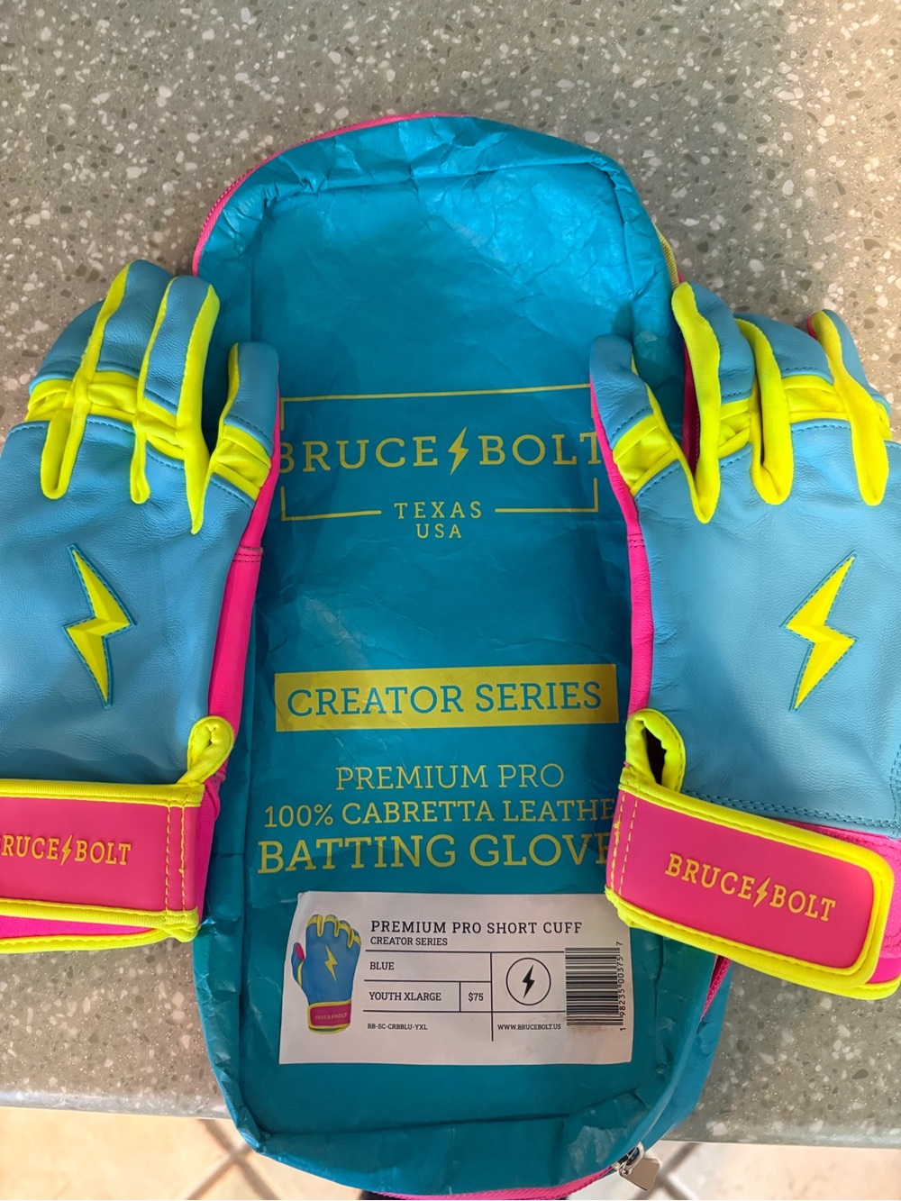 Bruce Bolt Premium Pro Batting Gloves in Carribbean Blue, Neon Yellow & Pink